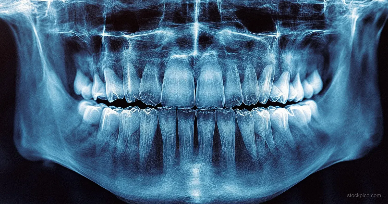 Panoramic dental x-ray reveals adult teeth and jaw bones with tooth roots highlighted in blue.