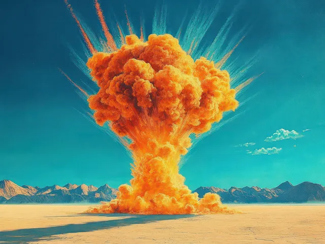 An orange mushroom-cloud explosion erupts over a barren desert with mountains in the distance under blue sky.
