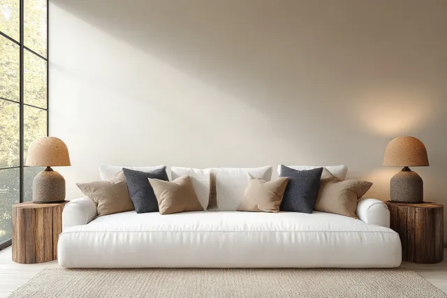 White sofa with layered textured cushions sits in a minimalist Scandinavian living room with wooden side tables.