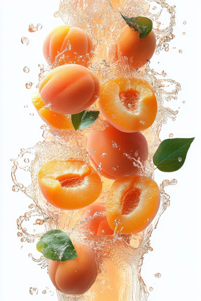 Fresh apricots are splashed with juice and surrounded by green leaves on a clean white background.