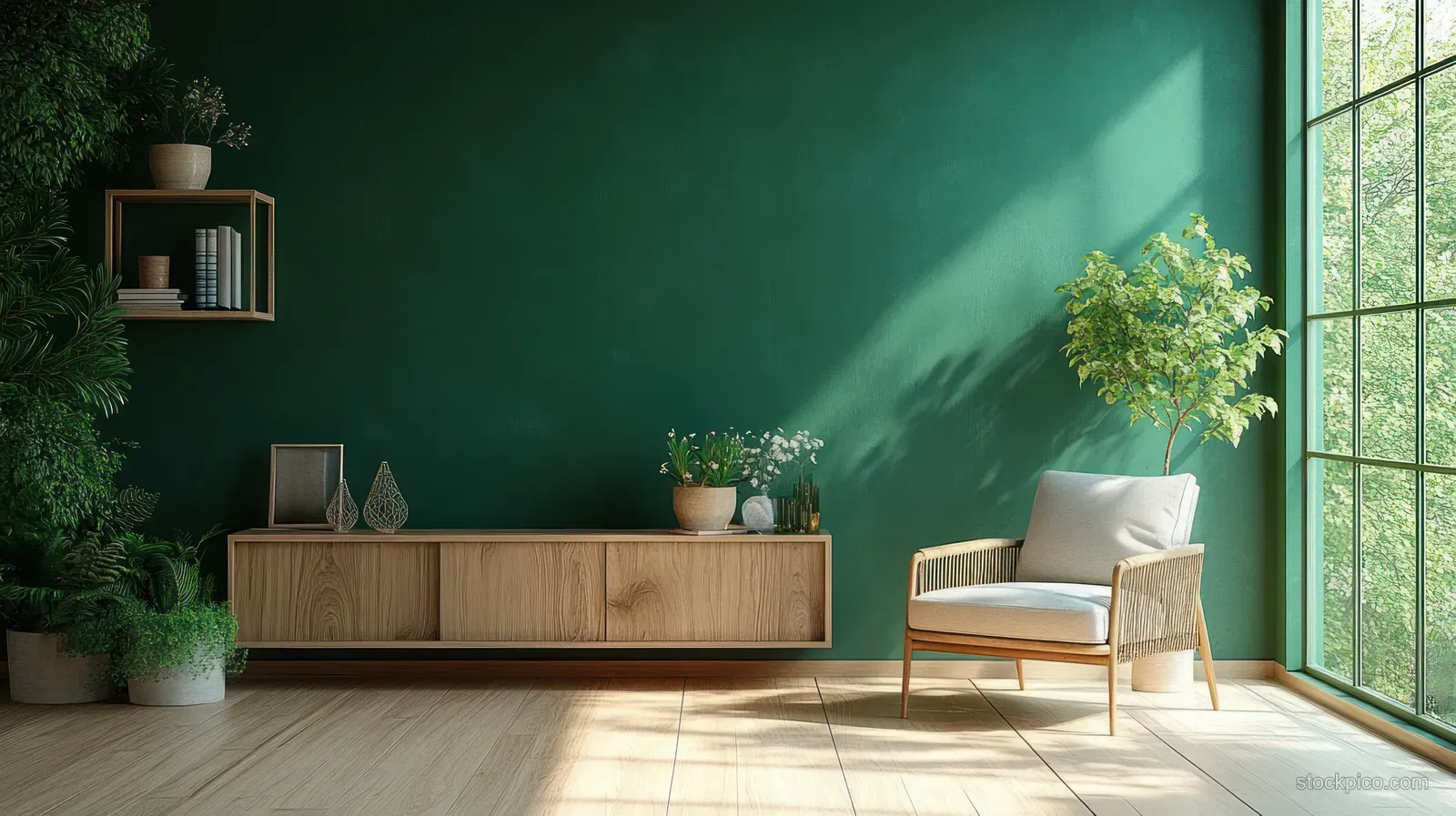Light armchair sits by a sunlit window in a living room with a dark green wall and wooden console console.