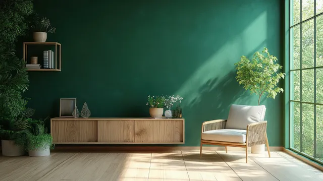 Light armchair sits by a sunlit window in a living room with a dark green wall and wooden console console.