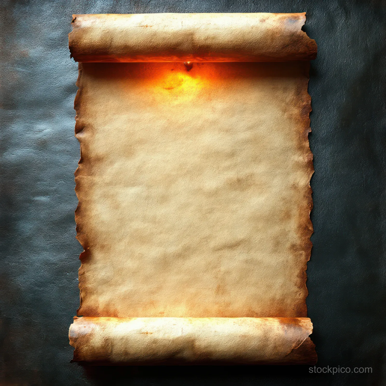 An ancient parchment scroll with curled edges lies against a dark textured background under warm candlelight.