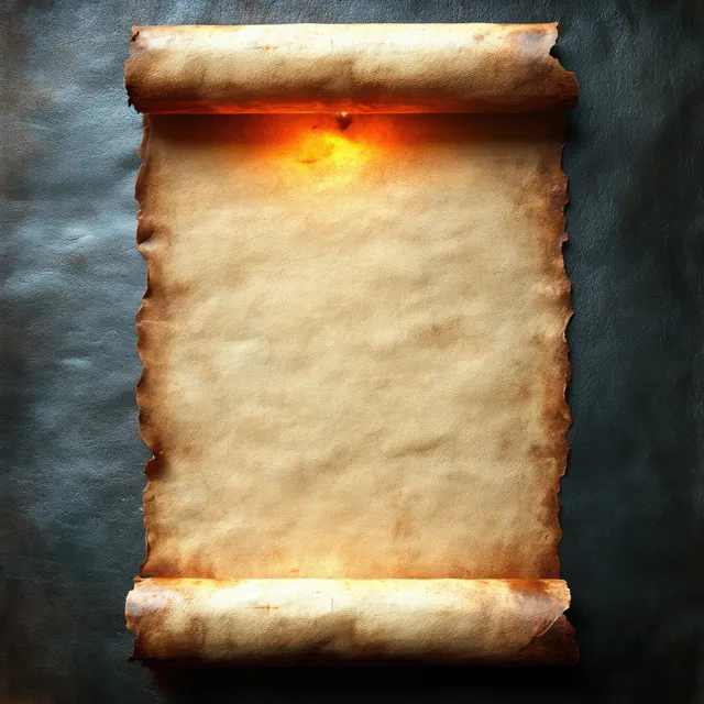 An ancient parchment scroll with curled edges lies against a dark textured background under warm candlelight.