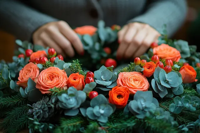 A florist assembles a floral wreath with orange roses and green foliage in bright natural light.