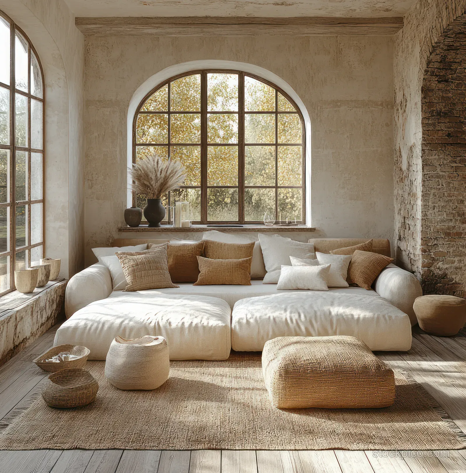 Minimalist living room with a beige sofa, cream cushions, and arched windows letting in warm natural light.