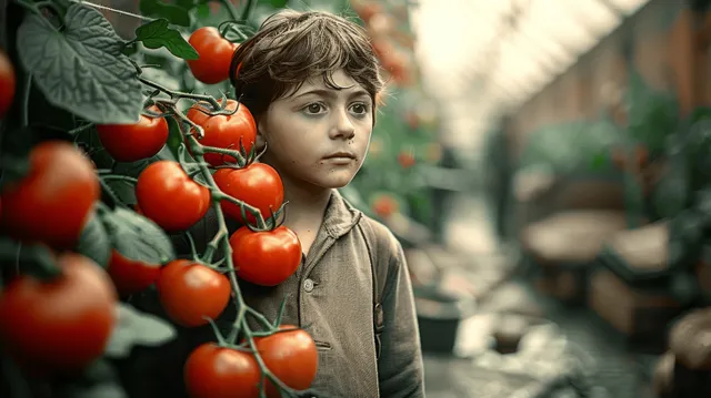 Child standing beside tomato vines in greenhouse, reaching near ripe red cherry tomatoes