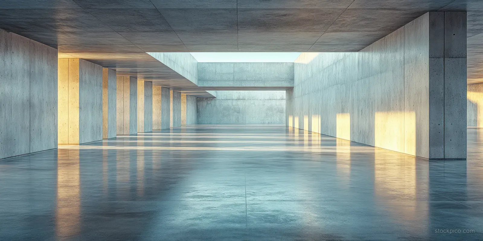 Empty minimalist concrete gallery interior with empty walls and angled industrial light beams forming long shadows.