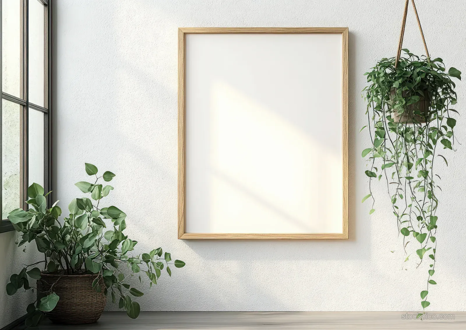 Wooden picture frame on a white wall with hanging green plant vines and leafy potted plants.