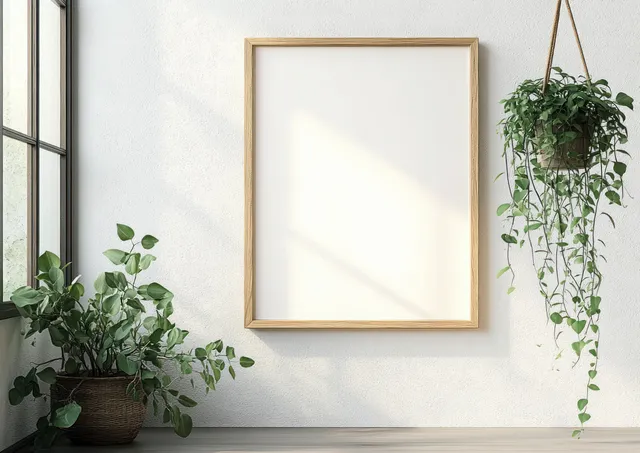 Wooden picture frame on a white wall with hanging green plant vines and leafy potted plants.