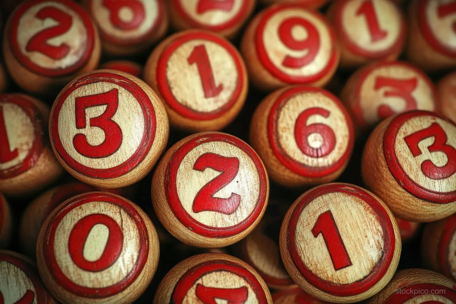 Scattered round wooden game tokens with red painted numbers fill the frame on a beige background.