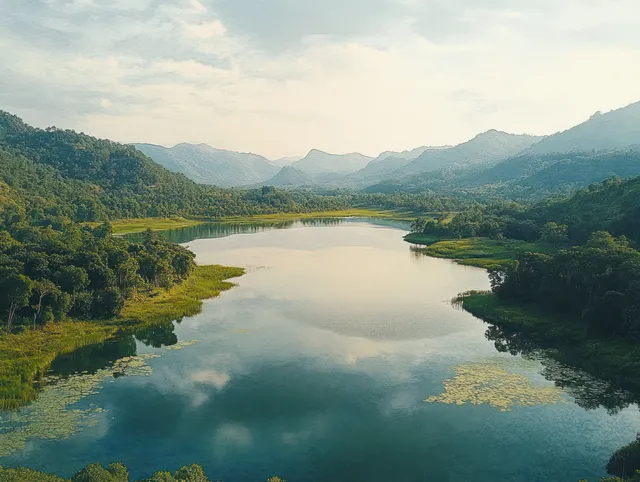 Drone aerial view over Sermo Lake with turquoise water and green forested hills