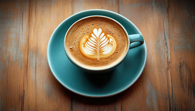 Top view of turquoise latte cup with leaf foam art on wooden table