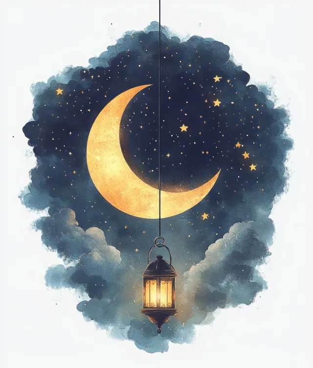 Crescent moon floating above a lantern in cloudy night sky illustration