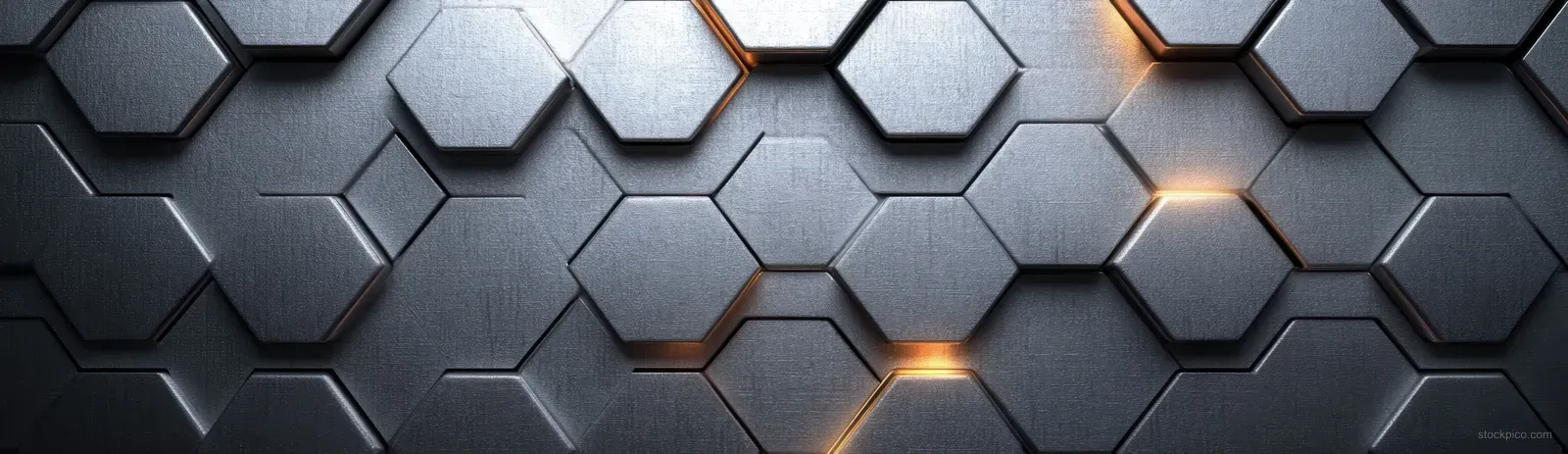 Dark brushed metal hexagon tiles interlock across the frame with subtle orange glowing highlights.