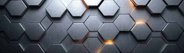 Dark brushed metal hexagon tiles interlock across the frame with subtle orange glowing highlights.