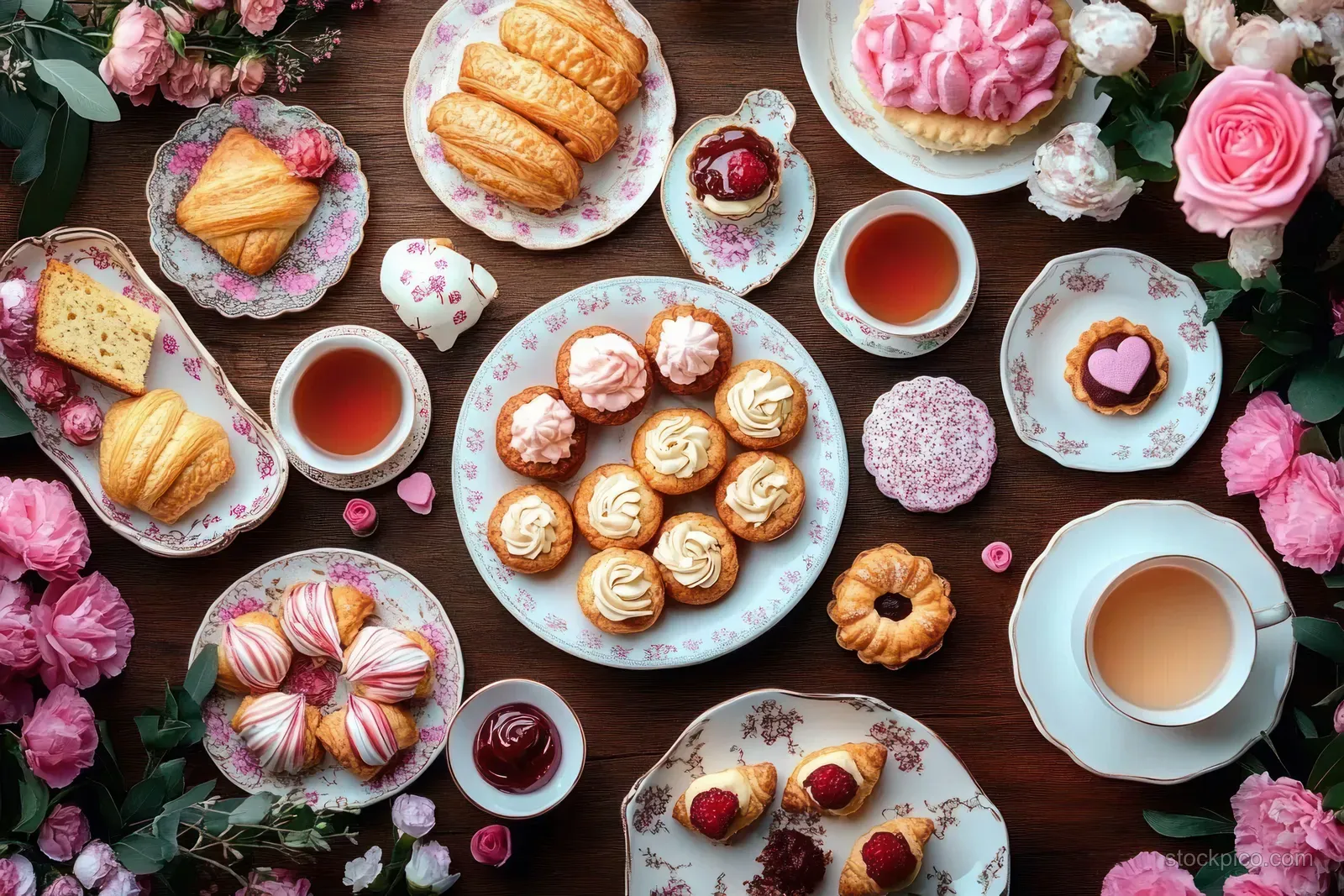 Overhead view of an afternoon tea spread with pastries, cups of tea, and pink roses around floral plates.
