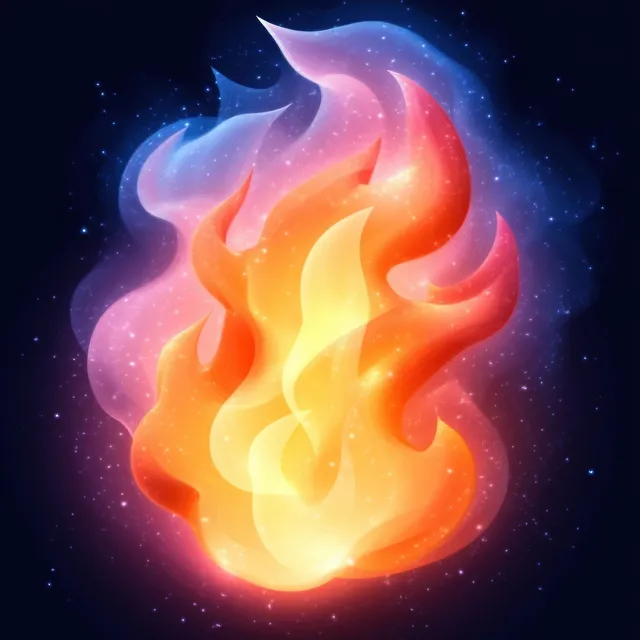 一团发光的渐变火焰在深色太空背景上旋转，周围散落着星点粒子。