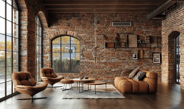 Brown Leather Chairs and Coffee Table in Brick Loft Apartment