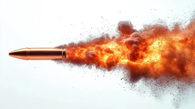 Copper bullet firing mid-air with orange-red fireball and trailing smoke against a white background.