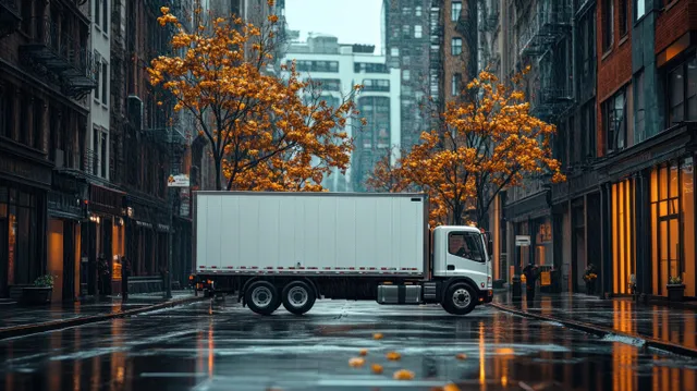 A delivery truck parked on a wet empty city street beside orange trees with blank billboard space visible.