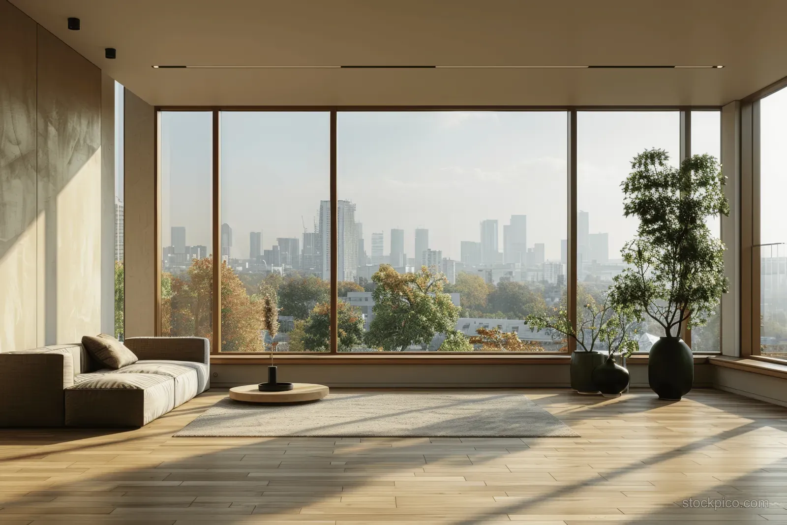 Minimalist apartment interior with parquet floor, large window showing city skyline, and a black vase plant in the corner.