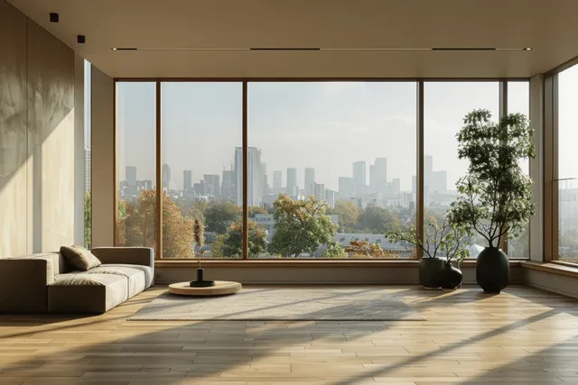 Minimalist apartment interior with parquet floor, large window showing city skyline, and a black vase plant in the corner.