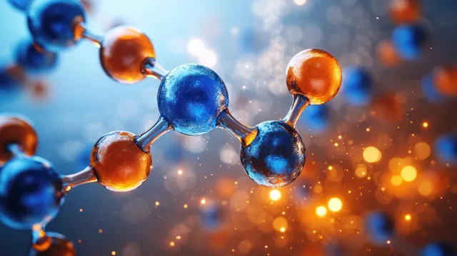 Glossy blue and orange atom spheres forming a molecular structure floating amid warm bokeh lights.