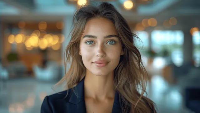 Young woman in a dark blazer indoors, with warm bokeh lights and a blurred background behind her.