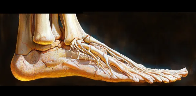 Side view anatomical illustration of a human foot showing bones, tendons, and skin textures with dramatic lighting.