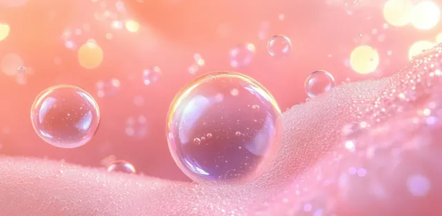 Clear water droplets on a pink textured surface with warm glowing bokeh in the background.