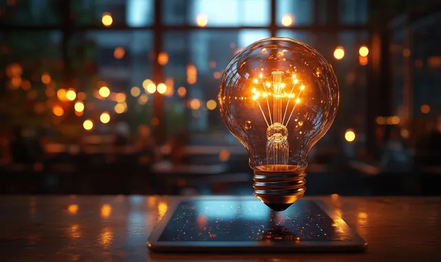 A glowing light bulb hovers above a tablet on a desk with warm blurred lights behind it.
