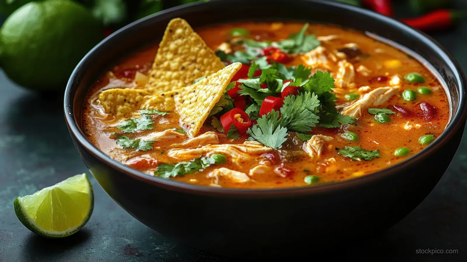 Spicy chicken soup in a dark bowl topped with cilantro, chili slices, peas, and tortilla chips with a lime wedge on the side.