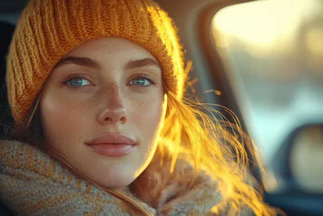 Smiling woman driving a car while singing to music, warm sunlight glowing through the side window.