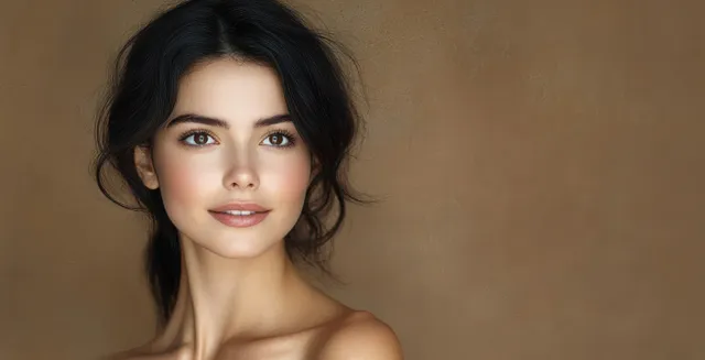 Portrait of a young woman with natural makeup against a plain brown studio background