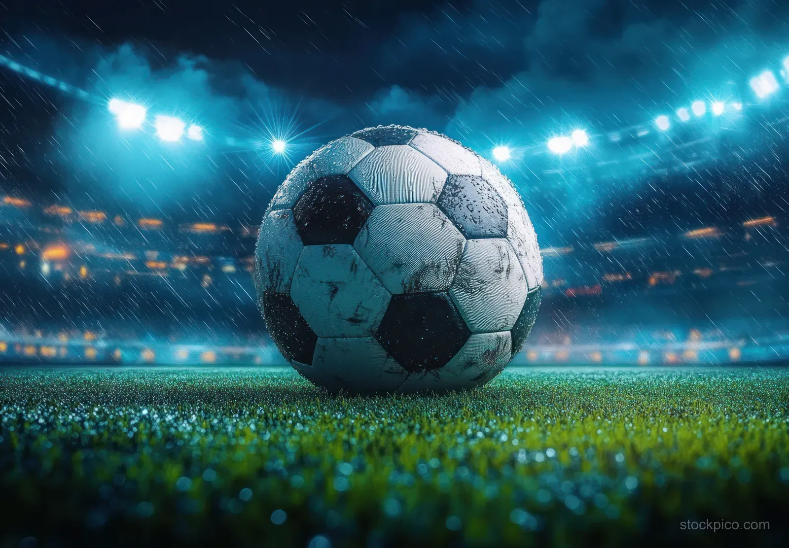 A soccer ball rests on a green pitch in a foggy stadium lit by bright spotlights.