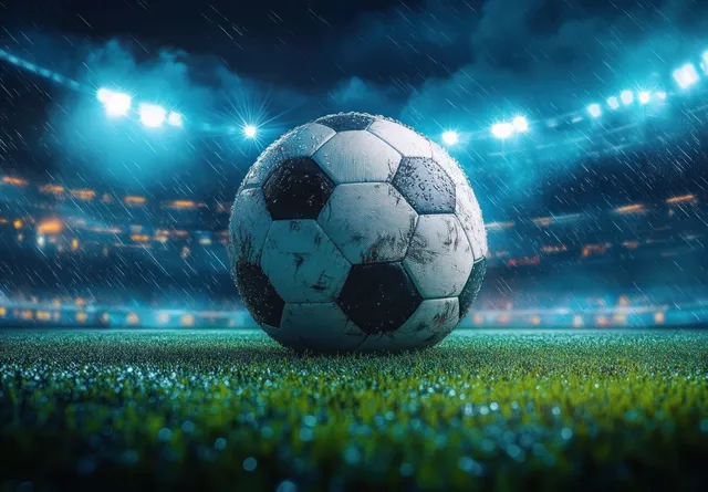 Soccer ball poised on green pitch under stadium spotlights through swirling fog