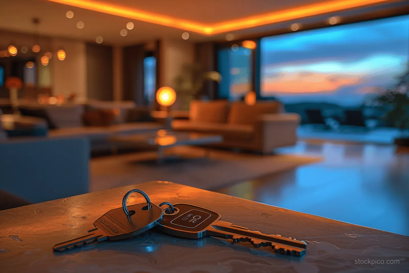 Apartment keys on a wooden table with a blurred living room and warm lights behind them.