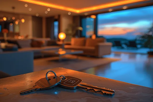 Apartment keys on a wooden table with a blurred living room and warm lights behind them.