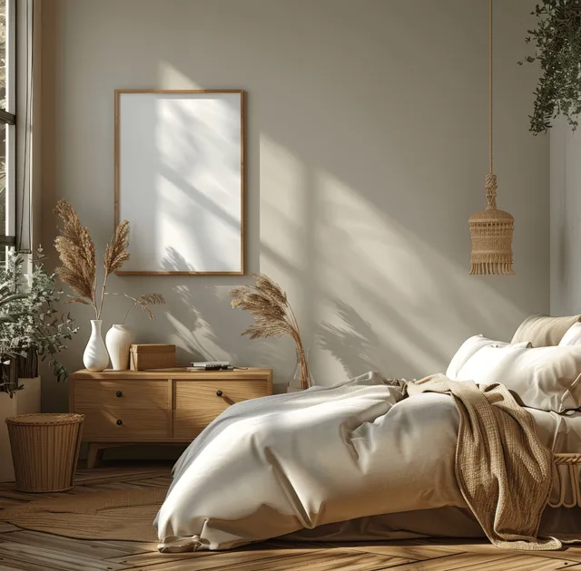 Coastal bedroom side view with blank framed poster on wooden cabinet and beige linens