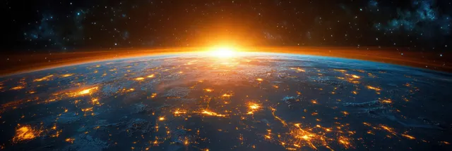 Earth at sunrise from space with illuminated city lights, a blue atmospheric edge, and a starry sky.