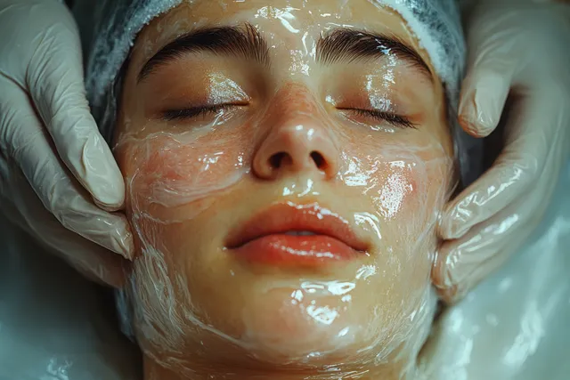 Gloved clinician uses electrocautery on a patient’s neck during a skin treatment procedure.