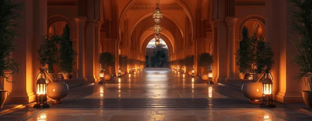 Arabian palace corridor lit by lanterns at dusk, arcade arches and reflective pool water