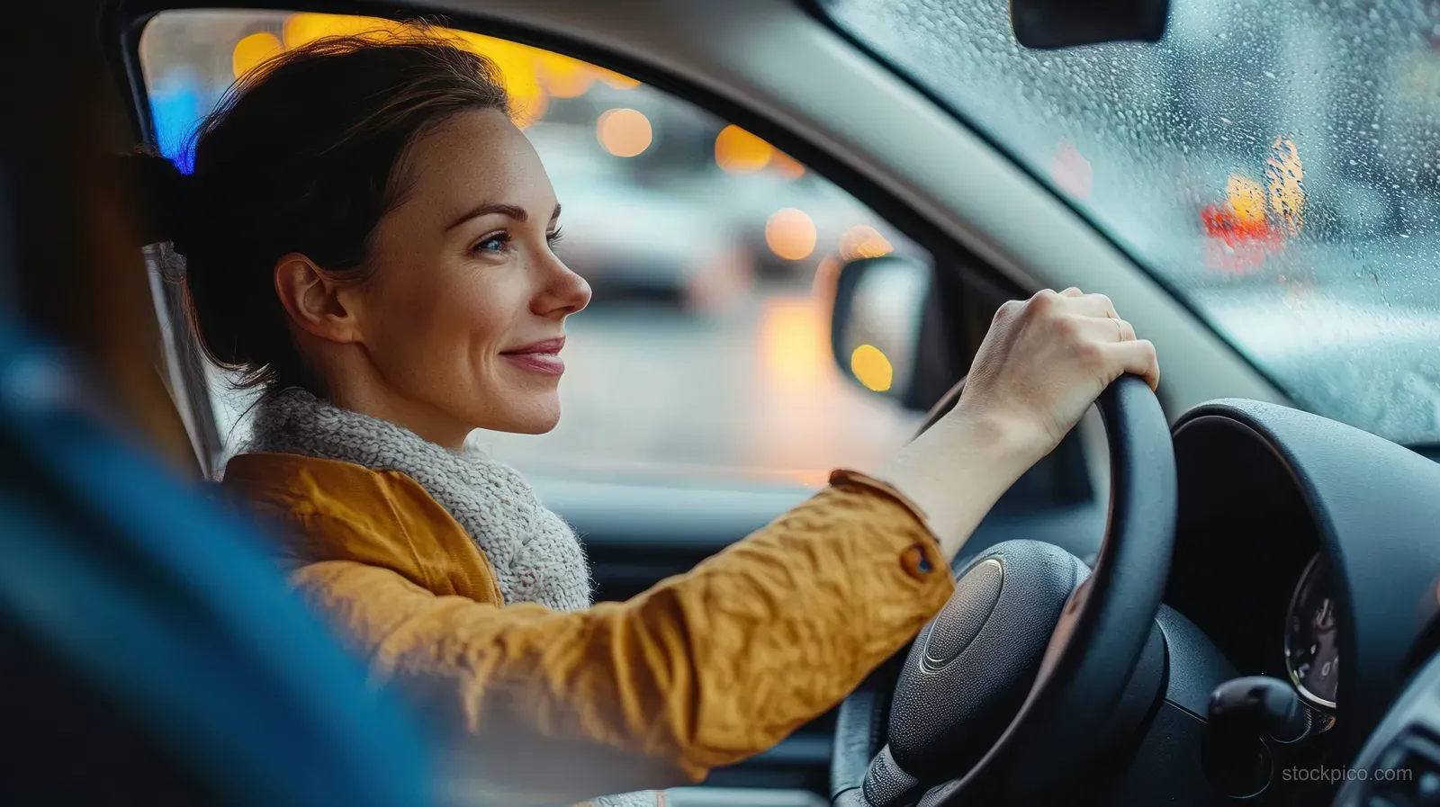 A female healthcare worker drives home in the rain with a seatbelt on and blurred city lights outside the window.
