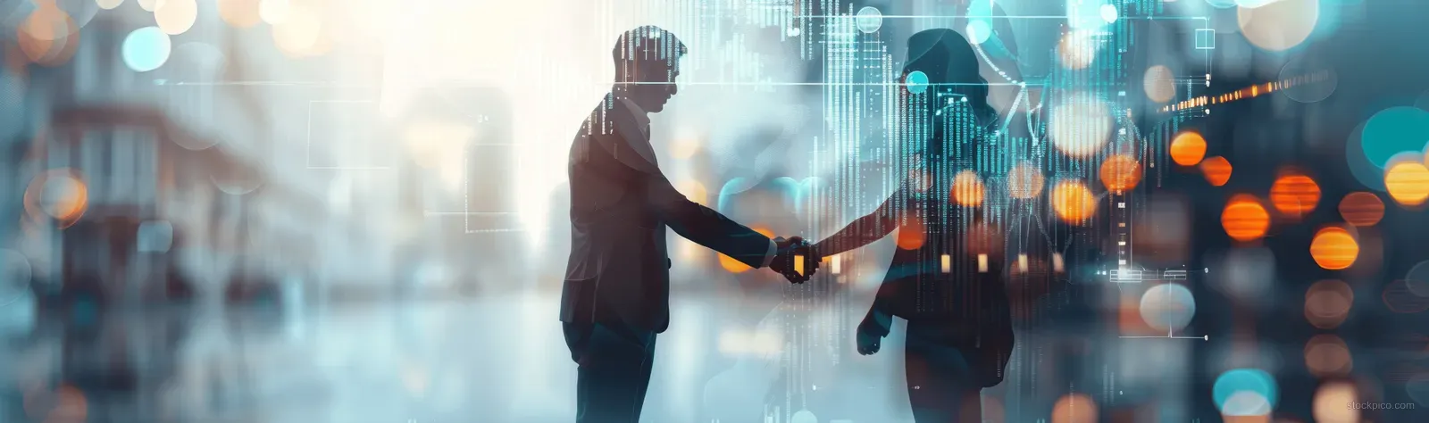 A person shakes hands in front of glowing digital finance graphs and market data over a blurred city.