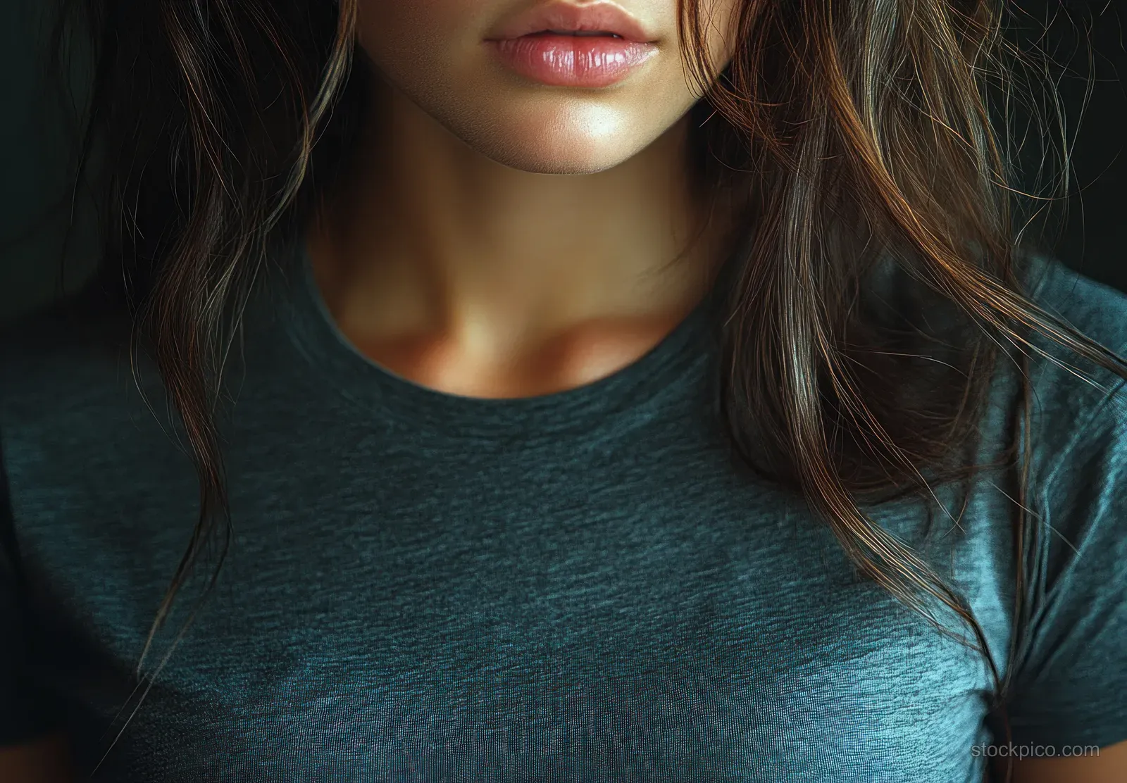 Close-up of a model wearing a gray minimalist T-shirt with soft natural light and textured fabric visible.