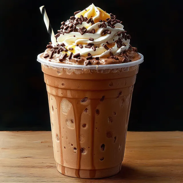 Iced chocolate drink in a clear cup topped with whipped cream, sprinkles, caramel drizzle, and a striped straw on wood.