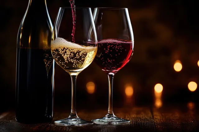 Two wine glasses on a dark table, one being filled with sparkling white wine beside a bottle under warm candlelight.