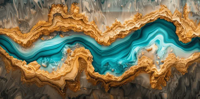 Aerial view of turquoise epoxy river flowing through cracked beige wooden layers