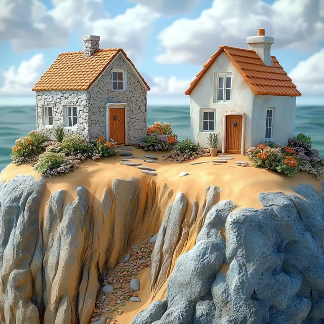 Two white houses with orange tile roofs on a sandy cliff with flowers overlooking the ocean under partly cloudy skies.